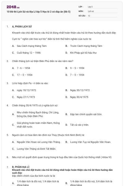 10 Đề thi Lịch Sử và Địa Lí lớp 5 Học kì 2 có đáp án (Đề 5)