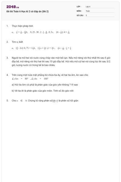 Đề thi Toán 6 Học kì 2 có đáp án (Đề 2)
