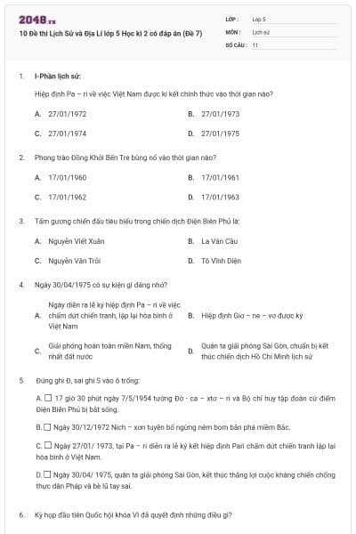 10 Đề thi Lịch Sử và Địa Lí lớp 5 Học kì 2 có đáp án (Đề 7)