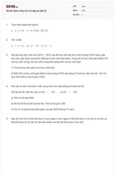 Đề thi Toán 6 Học kì 2 có đáp án (Đề 5)