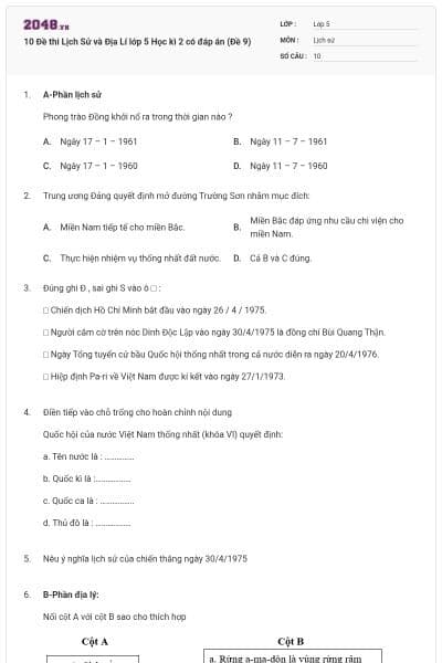 10 Đề thi Lịch Sử và Địa Lí lớp 5 Học kì 2 có đáp án (Đề 9)