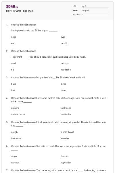 Bài 1: Từ vựng - Sức khỏe