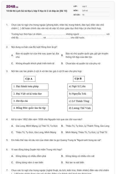 10 Đề thi Lịch Sử và Địa Lí lớp 5 Học kì 2 có đáp án (Đề 10)