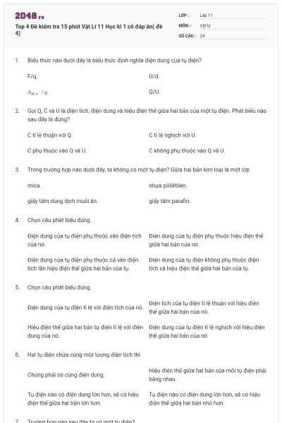 Top 4 Đề kiểm tra 15 phút Vật Lí 11 Học kì 1 có đáp án( đề 4)