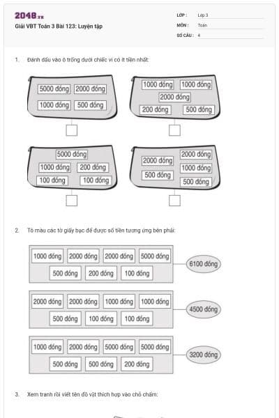 Giải VBT Toán 3 Bài 123: Luyện tập