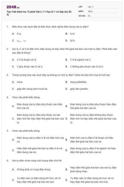 Top 4 Đề kiểm tra 15 phút Vật Lí 11 Học kì 1 có đáp án( đề 4)