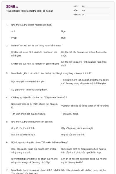 Trắc nghiệm: Tôi yêu em (Pu-Skin) có đáp án