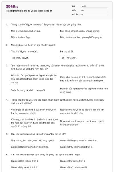 Trắc nghiệm: Bài thơ số 28 (Ta-go) có đáp án