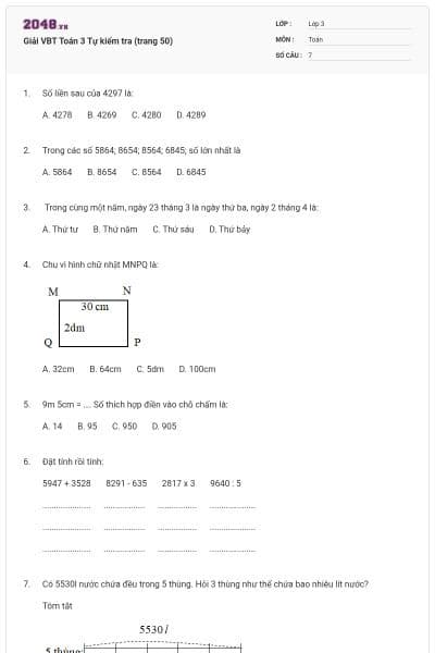 Giải VBT Toán 3 Tự kiểm tra (trang 50)