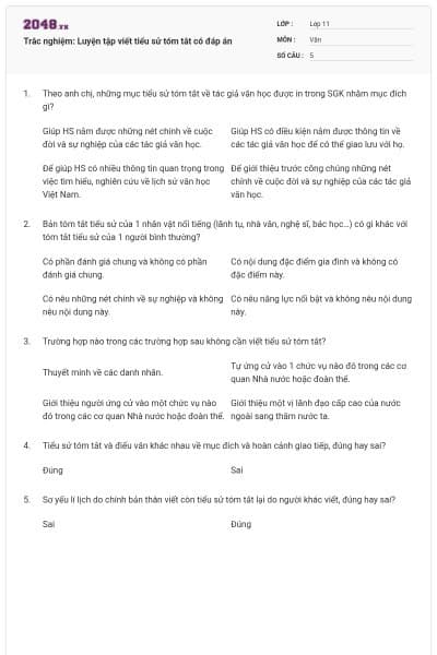 Trắc nghiệm: Luyện tập viết tiểu sử tóm tắt có đáp án