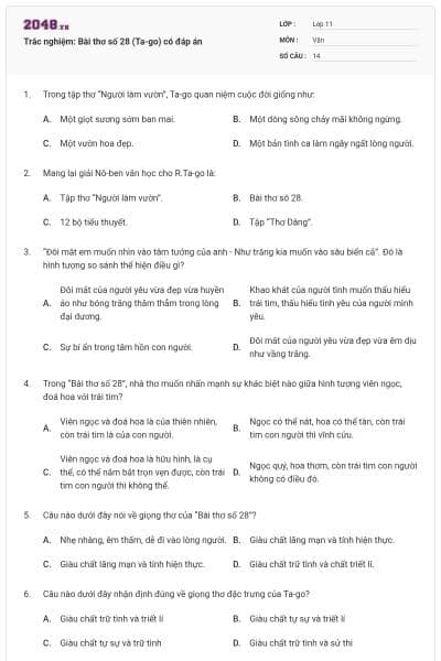 Trắc nghiệm: Bài thơ số 28 (Ta-go) có đáp án