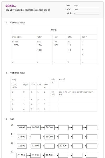 Giải VBT Toán 3 Bài 127: Các số có năm chữ số