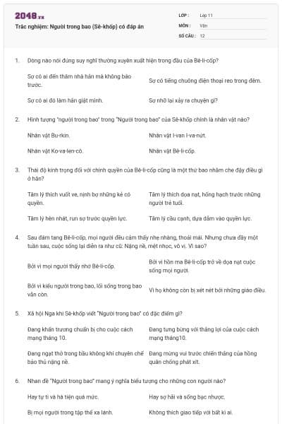 Trắc nghiệm: Người trong bao (Sê-khốp) có đáp án