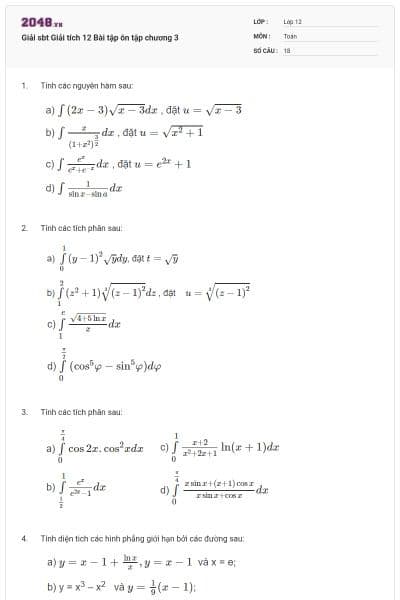 Giải sbt Giải tích 12 Bài tập ôn tập chương 3
