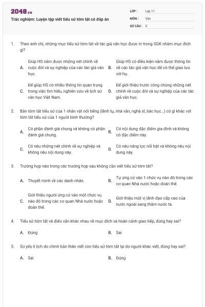 Trắc nghiệm: Luyện tập viết tiểu sử tóm tắt có đáp án