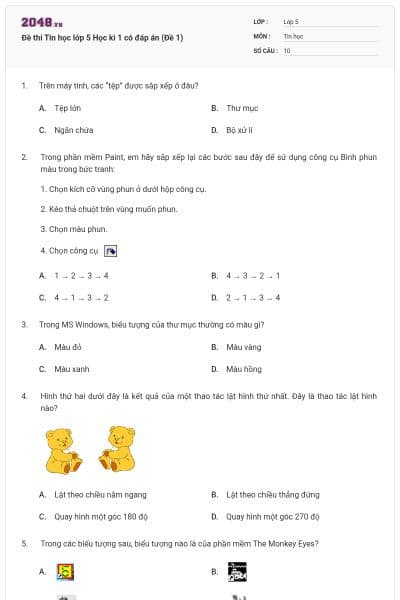 Đề thi Tin học lớp 5 Học kì 1 có đáp án (Đề 1)