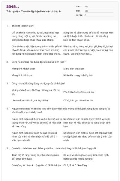 Trắc nghiệm: Thao tác lập luận bình luận có đáp án