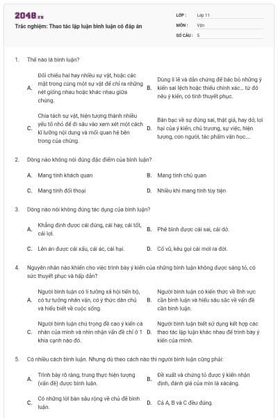 Trắc nghiệm: Thao tác lập luận bình luận có đáp án