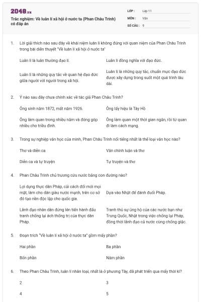 Trắc nghiệm: Về luân lí xã hội ở nước ta (Phan Châu Trinh) có đáp án