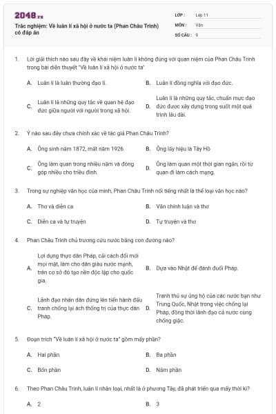 Trắc nghiệm: Về luân lí xã hội ở nước ta (Phan Châu Trinh) có đáp án