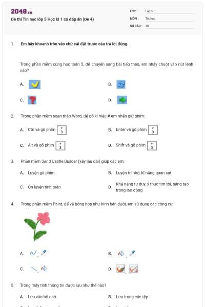 Đề thi Tin học lớp 5 Học kì 1 có đáp án (Đề 4)