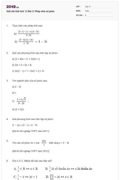 Giải sbt Giải tích 12 Bài 3: Phép chia số phức