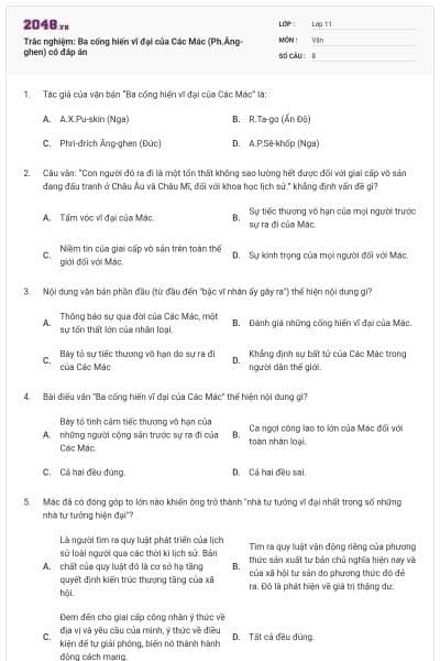 Trắc nghiệm: Ba cống hiến vĩ đại của Các Mác (Ph.Ăng-ghen) có đáp án