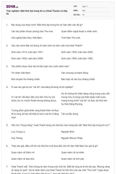 Trắc nghiệm: Một thời đại trong thi ca (Hoài Thanh) có đáp án