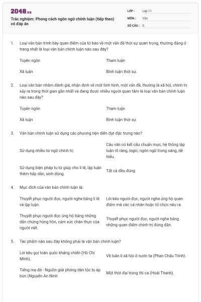 Trắc nghiệm: Phong cách ngôn ngữ chính luận (tiếp theo) có đáp án