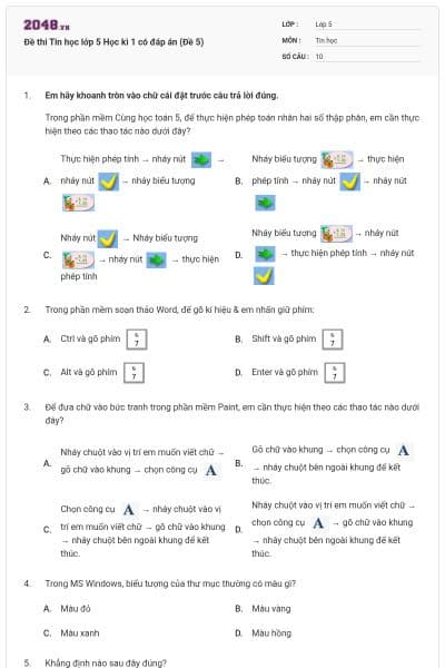 Đề thi Tin học lớp 5 Học kì 1 có đáp án (Đề 5)