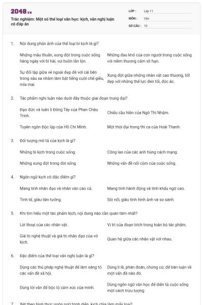 Trắc nghiệm: Một số thể loại văn học: kịch, văn nghị luận có đáp án