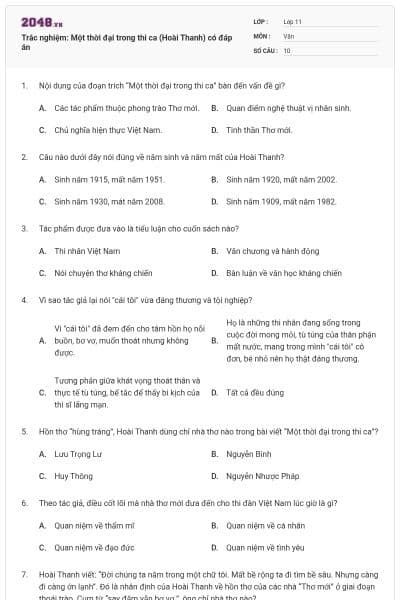 Trắc nghiệm: Một thời đại trong thi ca (Hoài Thanh) có đáp án