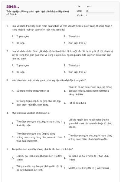 Trắc nghiệm: Phong cách ngôn ngữ chính luận (tiếp theo) có đáp án