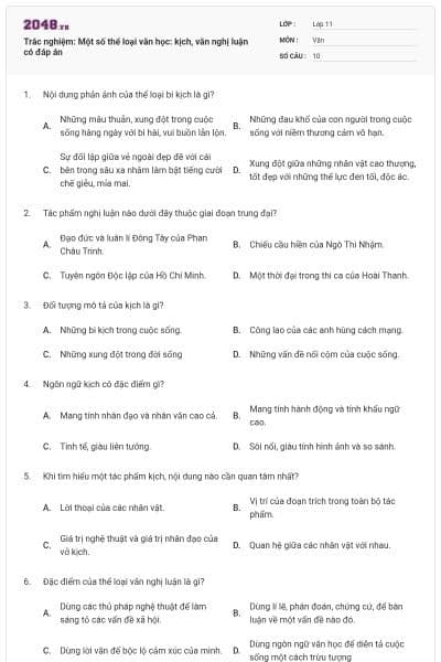 Trắc nghiệm: Một số thể loại văn học: kịch, văn nghị luận có đáp án
