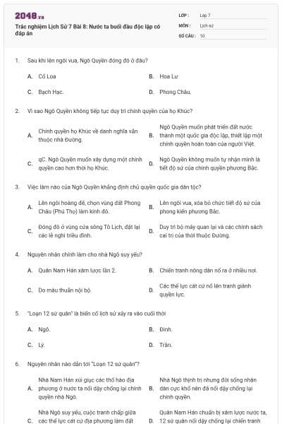 Trắc nghiệm Lịch Sử 7 Bài 8: Nước ta buổi đầu độc lập có đáp án
