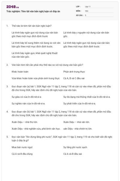 Trắc nghiệm: Tóm tắt văn bản nghị luận có đáp án