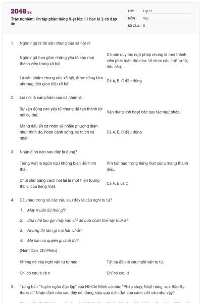 Trắc nghiệm: Ôn tập phần tiếng Việt lớp 11 học kì 2 có đáp án