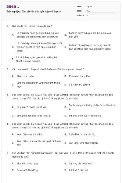 Trắc nghiệm: Tóm tắt văn bản nghị luận có đáp án