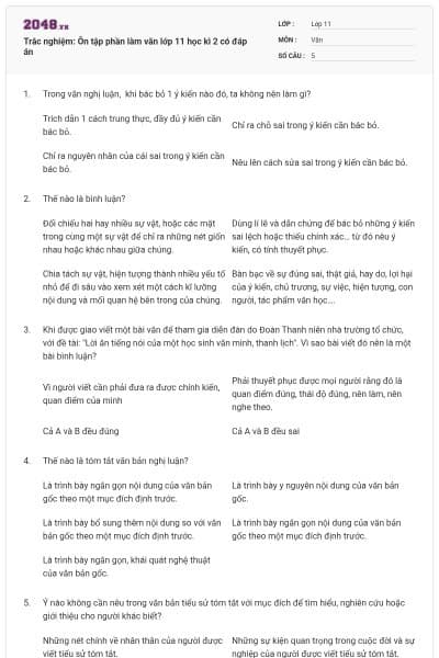 Trắc nghiệm: Ôn tập phần làm văn lớp 11 học kì 2 có đáp án