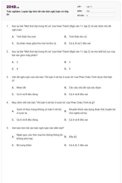 Trắc nghiệm: Luyện tập tóm tắt văn bản nghị luận có đáp án