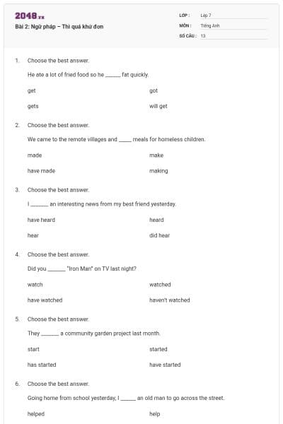 Bài 2: Ngữ pháp – Thì quá khứ đơn