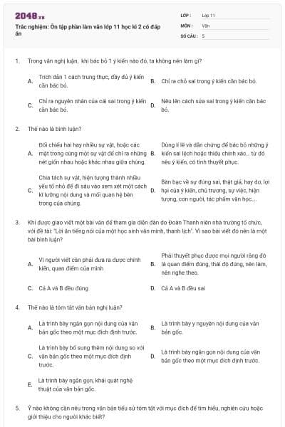 Trắc nghiệm: Ôn tập phần làm văn lớp 11 học kì 2 có đáp án