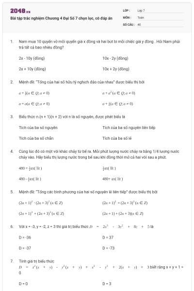 Bài tập trắc nghiệm Chương 4 Đại Số 7 chọn lọc, có đáp án