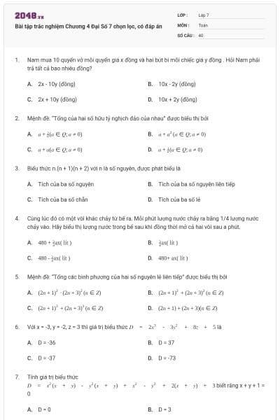 Bài tập trắc nghiệm Chương 4 Đại Số 7 chọn lọc, có đáp án