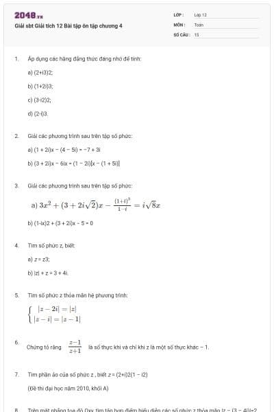 Giải sbt Giải tích 12 Bài tập ôn tập chương 4