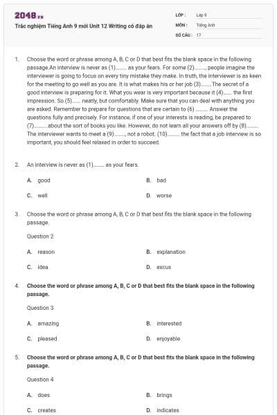 Trắc nghiệm Tiếng Anh 9 mới Unit 12 Writing có đáp án