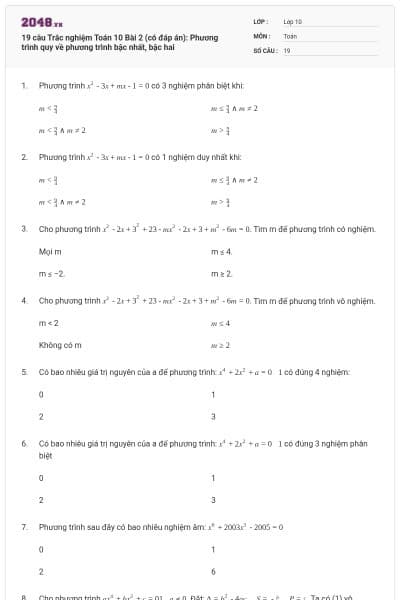 19 câu Trắc nghiệm Toán 10 Bài 2 (có đáp án): Phương trình quy về phương trình bậc nhất, bậc hai