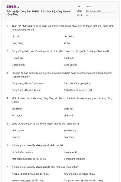 Trắc nghiệm Công Dân 10 Bài 13 (có đáp án): Công dân với cộng đồng