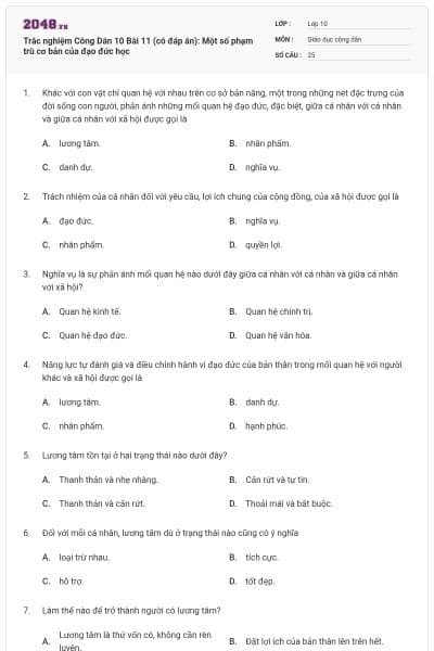 Trắc nghiệm Công Dân 10 Bài 11 (có đáp án): Một số phạm trù cơ bản của đạo đức học