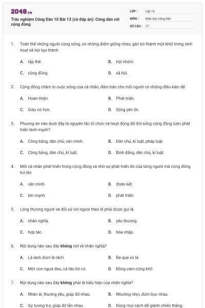 Trắc nghiệm Công Dân 10 Bài 13 (có đáp án): Công dân với cộng đồng